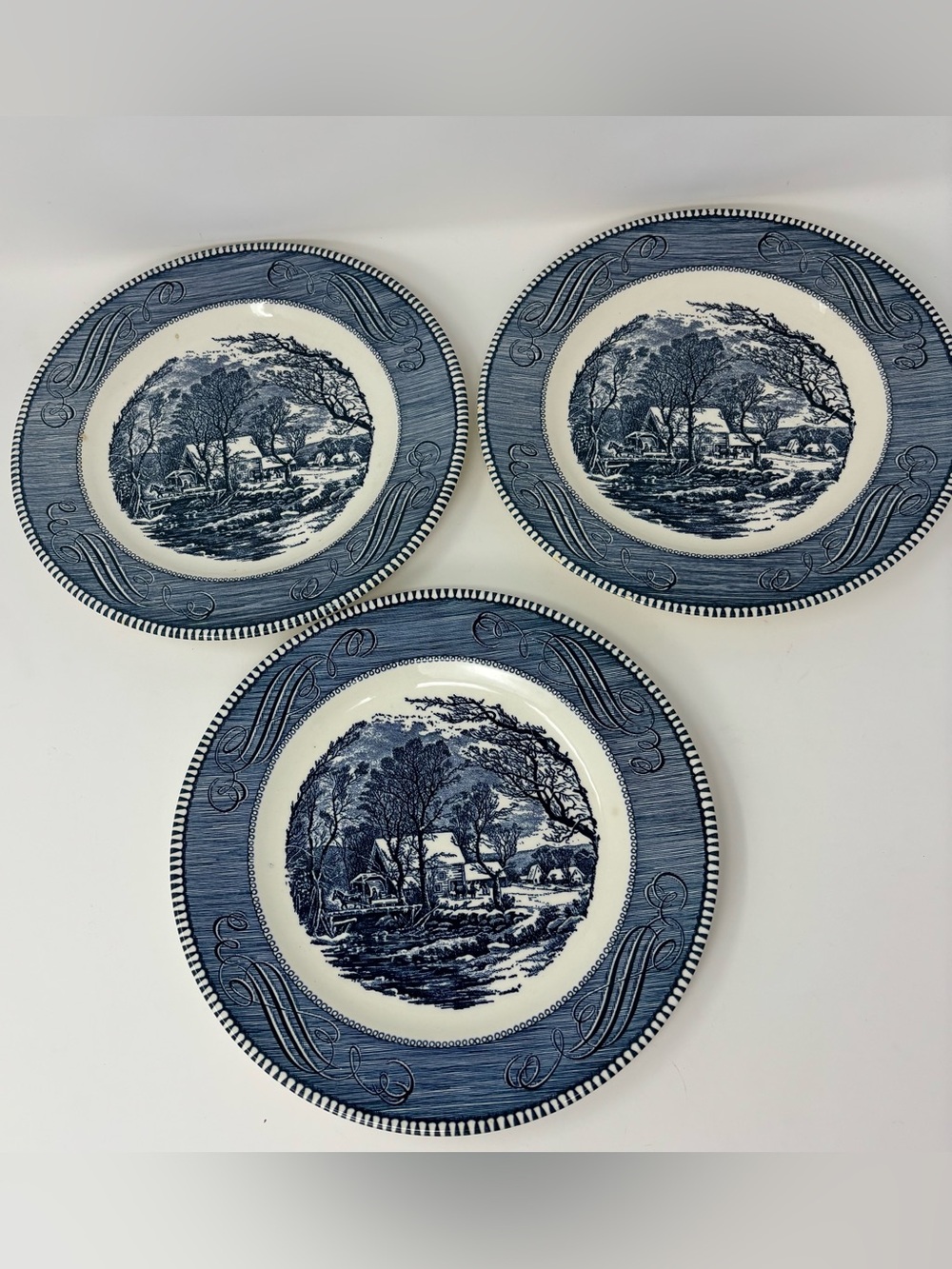 Currier & Ives Royal Blue 10" Dinner Plates Set of 3 Vintage Old Grist Mill USA